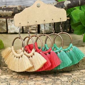 NWT Fashion Jewelry Set Of 3 Boho Multicolor Fringe Bronze Earrings